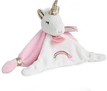 Doudou et Compagnie - Doudou Plat Licorne - Doudou Plat Carré - 20 cm - Rose/Blanc/Doré - Lucie la Licorne - Idée Cadeau Naissance Bébé Fille - Boite Cadeau - Garantie Doudou Perdu - DC3312