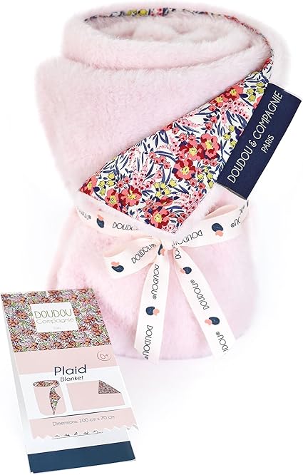 DOUDOU ET COMPAGNIE - Plaid Douceur Rose et Fleuri - Collection BOH'AIME FAON - 70 x 100 cm - Recto Imprimé 100% Coton - Verso Rose 100% Peluche - Sieste Confort - Cadeau naissance Bébé - DC4036