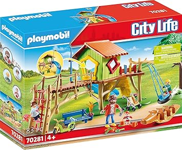 Playmobil 70281 Parc de Jeux et Enfants - avec Quatre Personnages, Un Jeu d’Escalade, Un Toboggan, Une balançoire à Pneu, Un Mur d’Escalade et des Accessoires - Univers Loisirs City Life - Dès 4 Ans