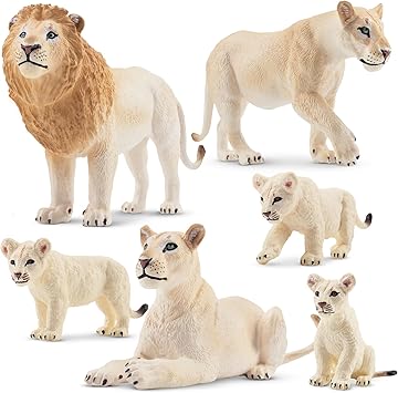 TOYMANY Lot de 6 figurines d'animaux de lion blanc avec bébés lions, jouets en plastique, animaux de la forêt, figurines d'animaux de la jungle, jouets éducatifs, décoration de gâteau pour jouer ou