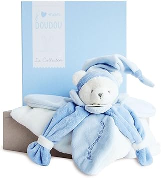 Doudou et Compagnie - Doudou Plat Ours Collector - Bleu - 24 cm - 3 Couleurs au Choix - Ourson avec Bonnet de Nuit - Avec Boite pour Cadeau Naissance Fille - Garantie Doudou Perdu - DC2921